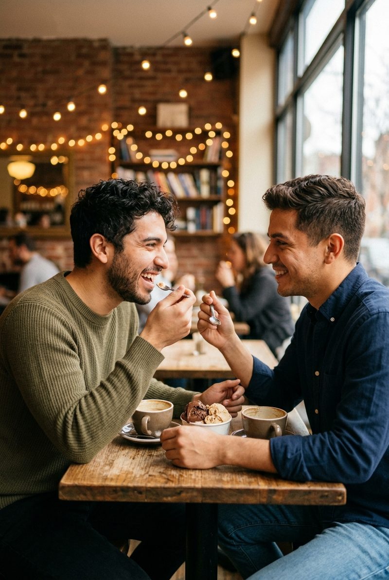 Dos chicos sonriendo y compartiendo un helado y café en una cafetería acogedora después del cine